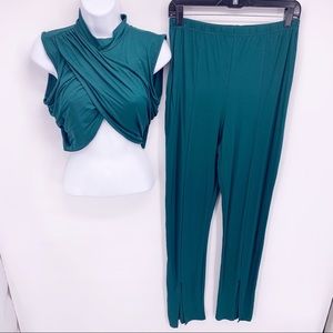 Misguided Green Wrap Top and stretch pants Set Size 12
